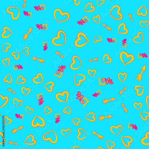 Yellow hearts, arrows, love word seamless pattern on azure background.