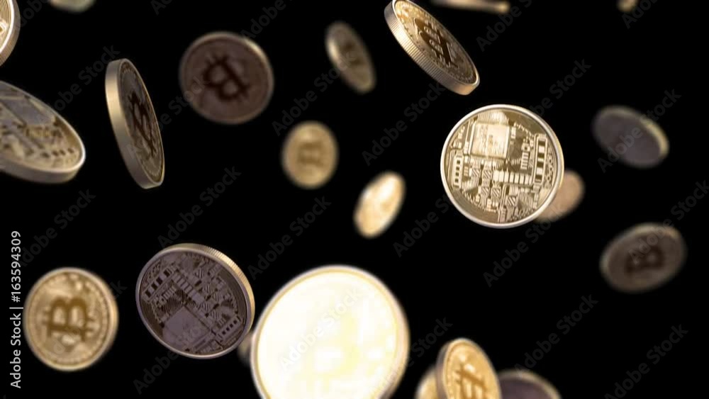 Bitcoins are falling on a black background with a depth of field, beautiful 3d animation, seamless loop. 4K