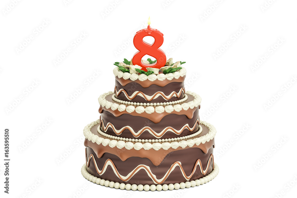 Chocolate Birthday cake with candle number 8, 3D rendering Chocolate Birthday cake with candle number 8, 3D rendering