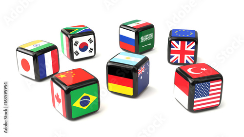 Dice with flags of the G20 nations cast photo