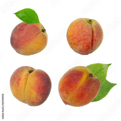 set of peaches with leaves isolated