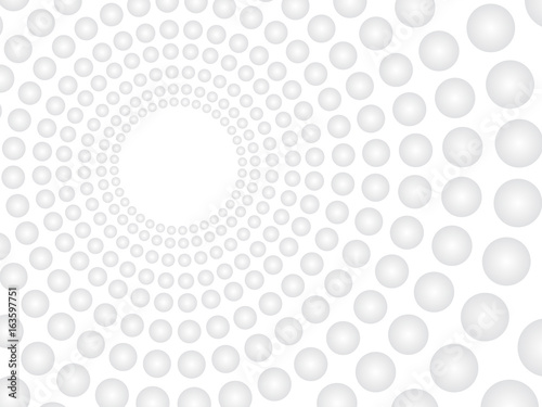 Abstract vector white background with grey spheres pattern. Concentric tunnel with empty hole off-center. Grayscale round frame, circles texture.