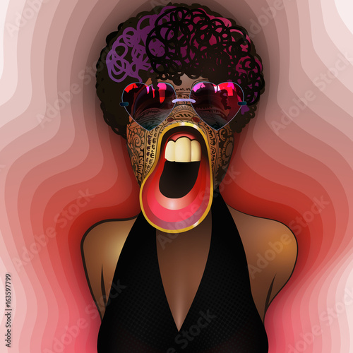 Singing mask - Traditional African mask on retro girl
