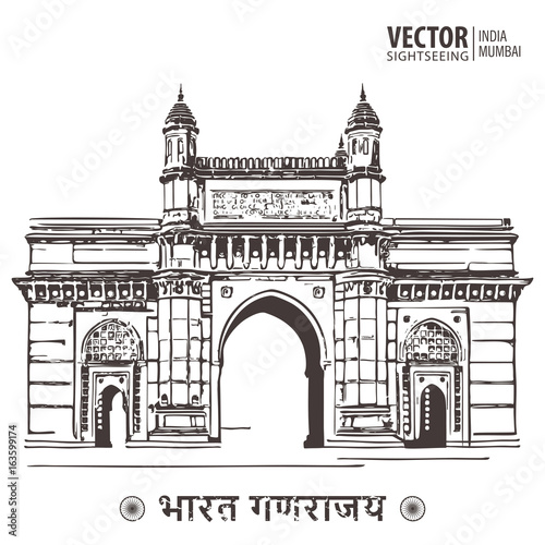 Mumbai, India Gate and the Taj Mahal Hotel Mumbai, the view from the Arabian Sea. Poster retro. Landscape. Ancient cityscape. Vector illustration.