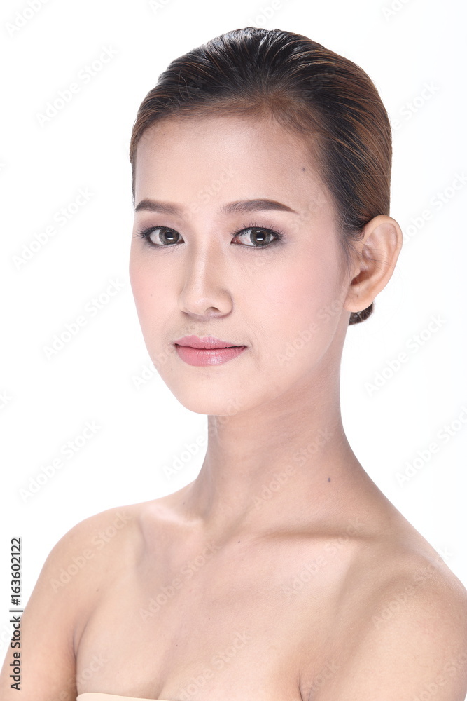 Beautiful Clean Skin Woman straight black hair with Smooth pose open shoulder smile Beautiful Clean Skin Woman straight black hair with Smooth pose open shoulder smile