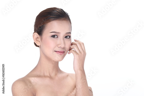 Beautiful Clean Skin Woman straight black hair with Smooth pose open shoulder smile