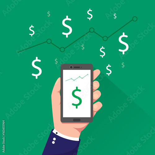 Mobile Transactions. Hand Holding Smart Phone with money graph statistic. vector illustration	