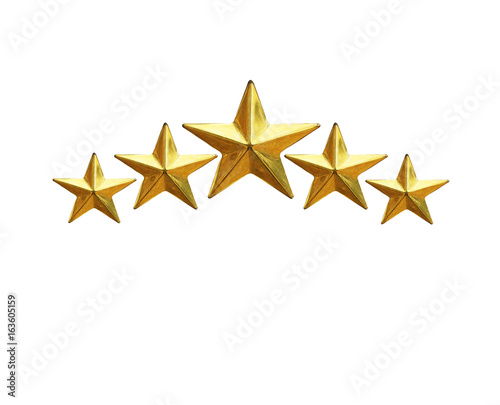 Golden five star review or rating isolated on white background