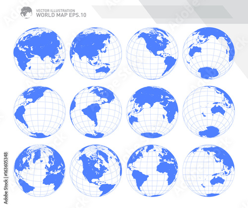 Globes showing earth with all continents. Digital world globe vector. Dotted world map vector.
