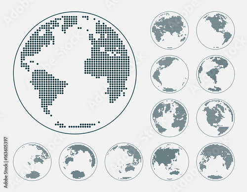 Globes showing earth with all continents. Dotted world globe vector.