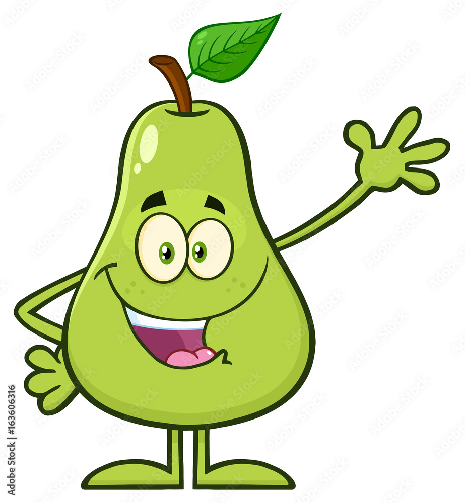 Happy Pear Fruit With Green Leaf Cartoon Mascot Character Waving For Greeting. Vector Illustration Isolated On White Background Happy Pear Fruit With Green Leaf Cartoon Mascot Character Waving For Greeting. Vector Illustration Isolated On White Background