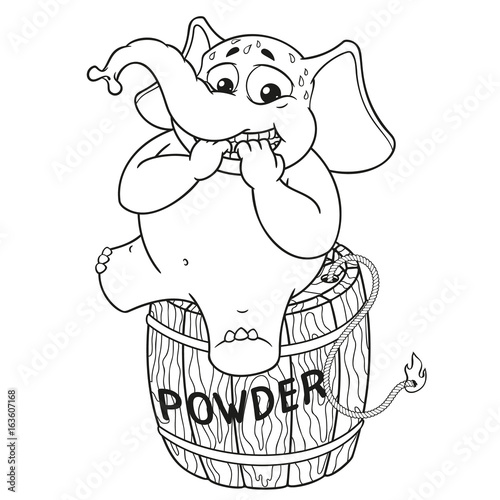 Elephant. Character. Nervous, sitting on a powder keg. Lit the wick. Big collection of isolated elephants. Vector, cartoon.