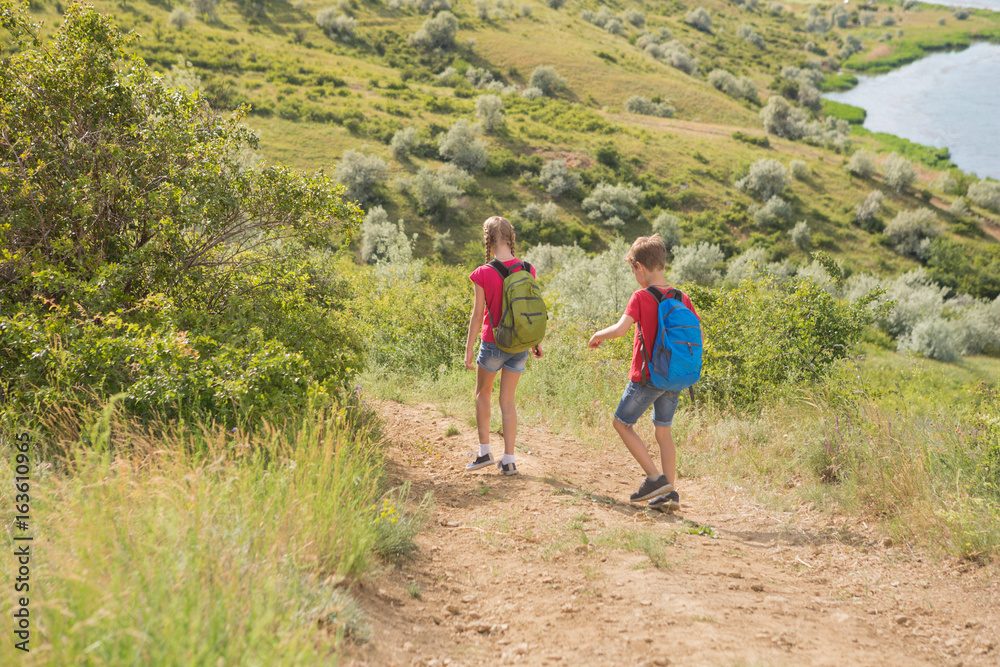 Obraz premium Teen boy and girl with backpacks on the back go on a hike, travel, beautiful landscape
