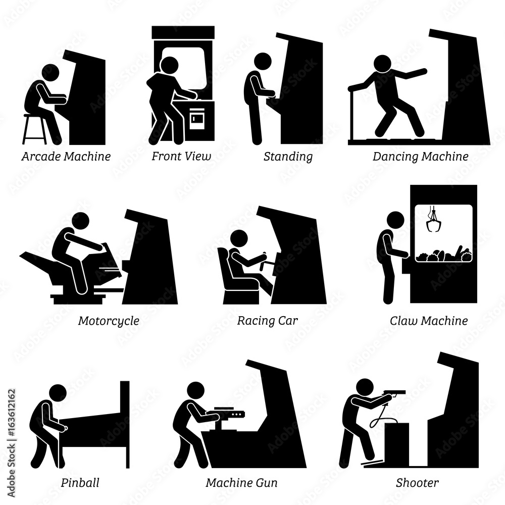 Fototapeta premium Arcade Center Games Machines. Pictogram depicts people and gamers playing various arcade machines that include dancing, motorcycle, racing car, claw, pinball, gun, and shooter.