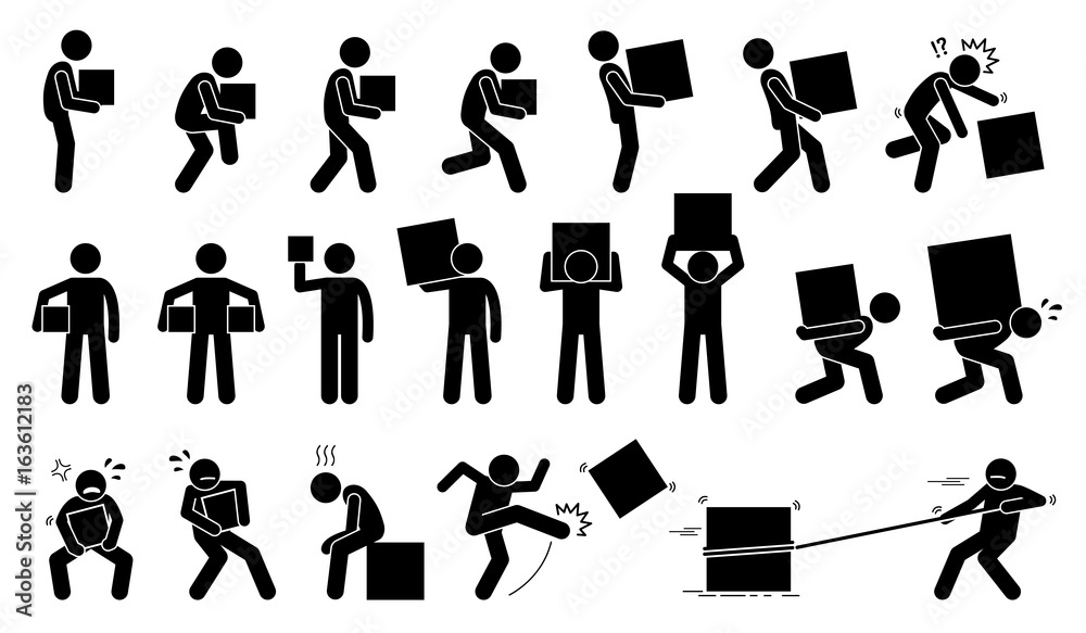 Man carrying and picking a box in various poses, postures, and positions.  - obrazy, fototapety, plakaty 