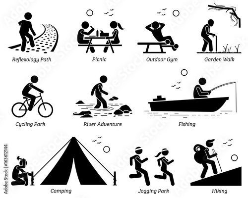Outdoor Recreation Recreational Lifestyle and Activities. Pictogram depicts reflexology path, picnic, outdoor gym, garden walk, cycling park, river adventure, fishing, camping, jogging, and hiking.  photo