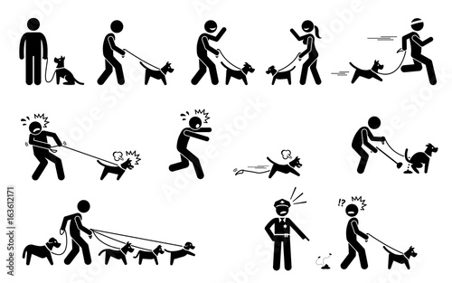 Man Walking Dog. Stick figures depict people walking pet dogs on a leash in various situations.