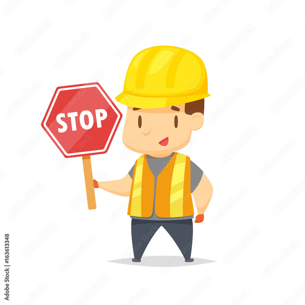 Construction worker holding stop sign vector Construction worker holding stop sign vector