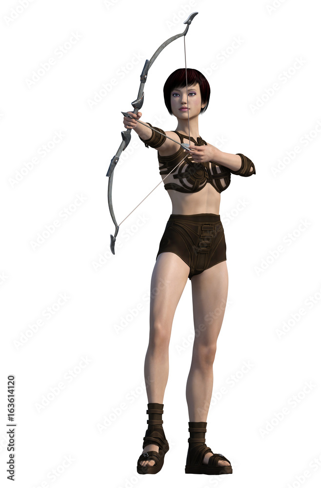 Young beautiful archer girl isolated on whithe background. 3d render. Young beautiful archer girl isolated on whithe background. 3d render.