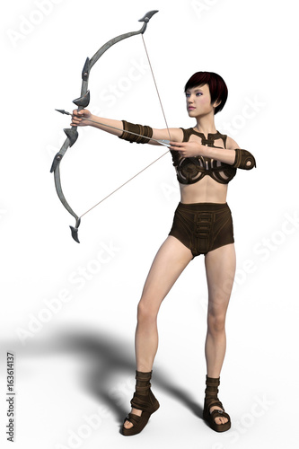 Young beautiful archer girl isolated on whithe background. 3d render.