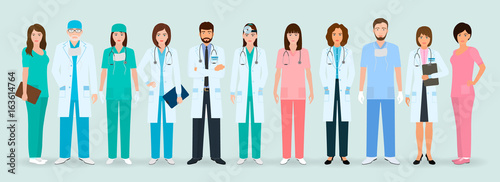 Group of doctors and nurses standing together. Medical people. Hospital staff.