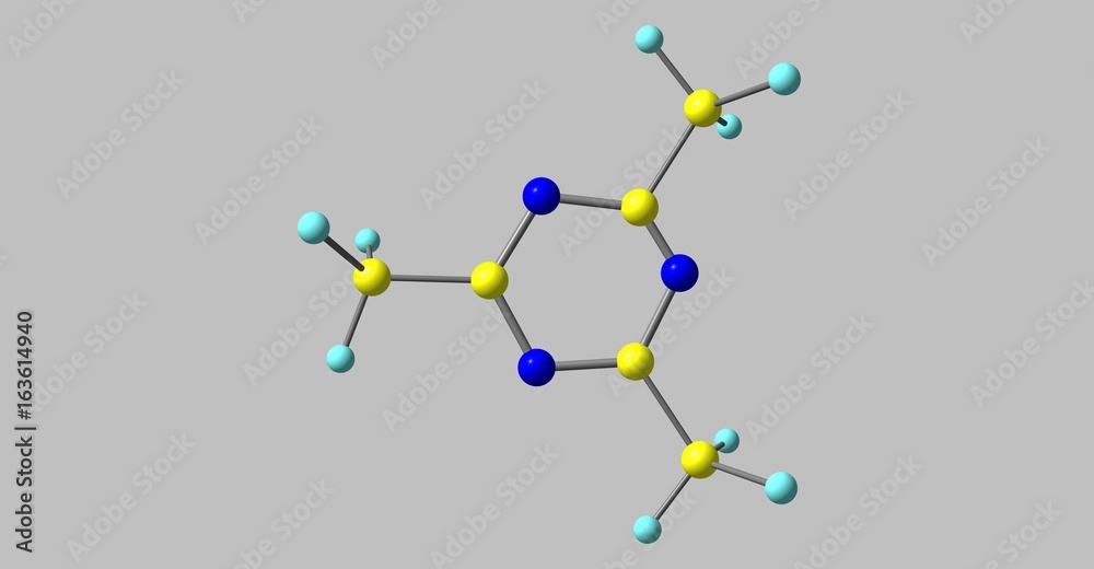 2,4,6-Trimethyl-1,3,5-triazine molecular structure isolated on grey 2,4,6-Trimethyl-1,3,5-triazine molecular structure isolated on grey