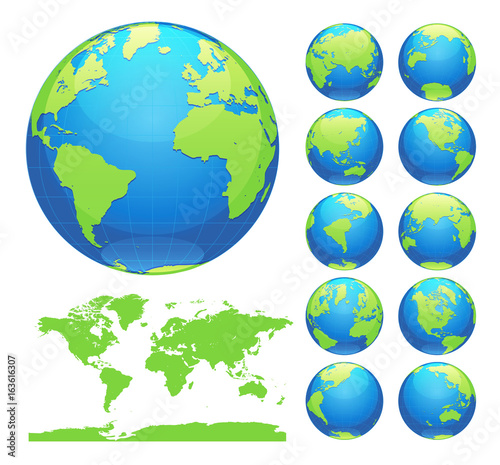 Globes showing earth with all continents. Digital world globe vector. Dotted world map vector.  
