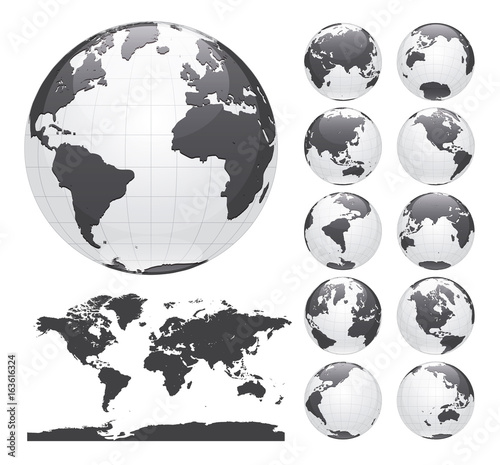 Globes showing earth with all continents. Digital world globe vector. Dotted world map vector.
