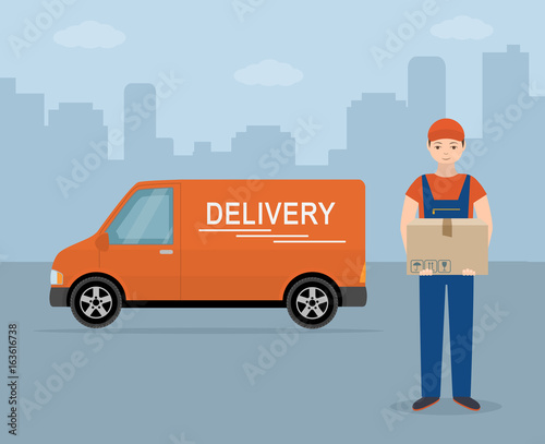 Man with cardboard box and delivery van on city background. Flat style, vector illustration. 