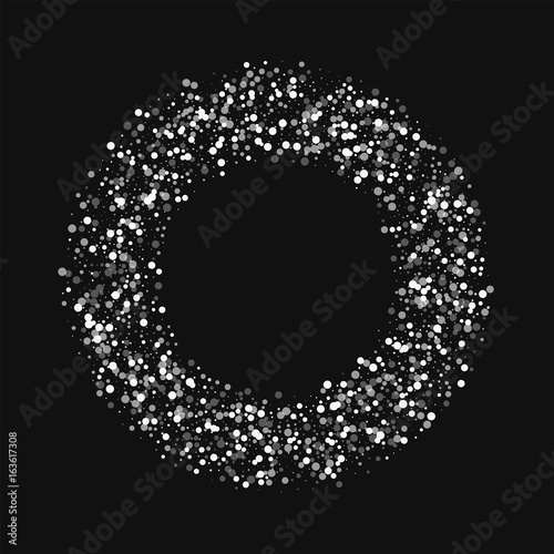 Random falling white dots. Bagel frame with random falling white dots on black background. Vector illustration.