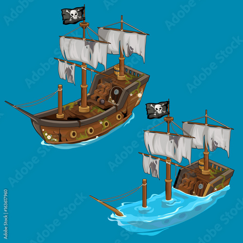 Old classic pirate ship with black flag on water and flooded