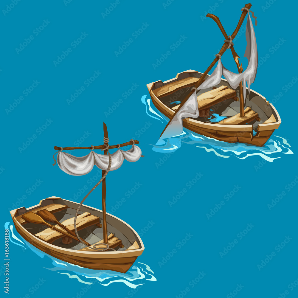 Old boat with sailboat on water in cartoon style Stock Vector
