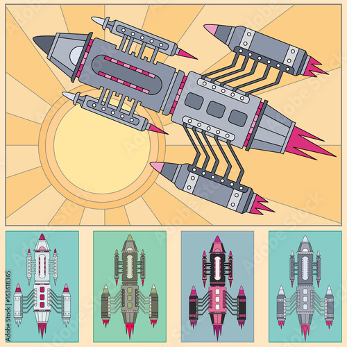 A rocket flying around the sun. Collection of multicolored icons. Vector illustration.