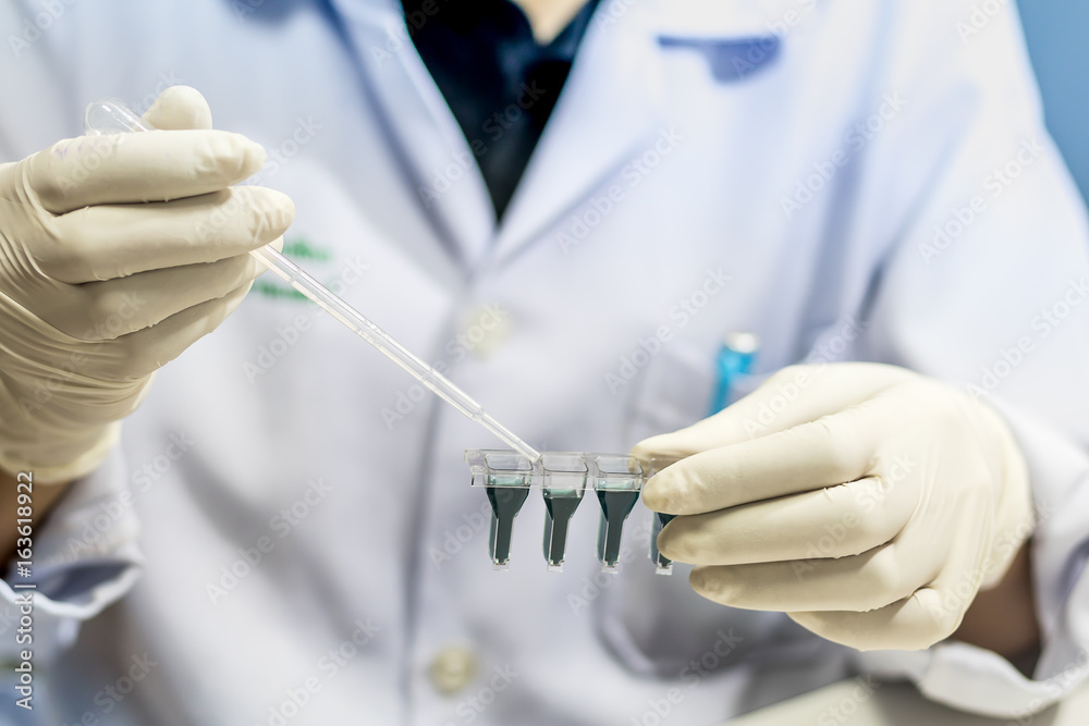 Laboratory technician injecting liquid into a microtiter plate, Scientist working at the laboratory, blood analysis, Vintage color. Laboratory technician injecting liquid into a microtiter plate, Scientist working at the laboratory, blood analysis, Vintage color.