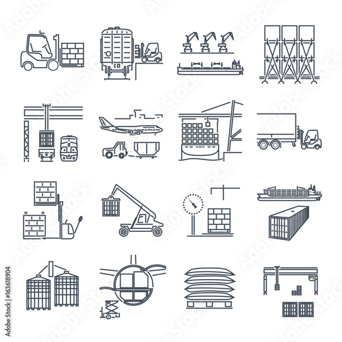 set of thin line icons air, sea, rail freight terminal, storage