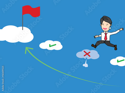 businessman jumping on clouds to victory