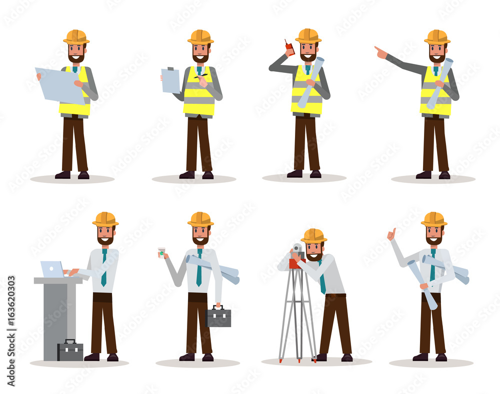 Set of engineer man watching and checking details on a construction site. flat character design. vector illustration Set of engineer man watching and checking details on a construction site. flat character design. vector illustration