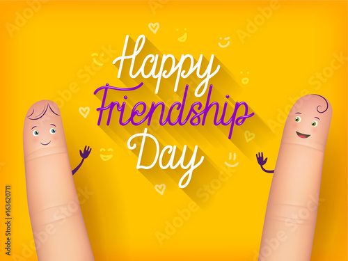 Happy friendship day poster. Realistic finger people card. Celebration card showing affection and bond between real friends. Flat style vector illustration on yellow background
