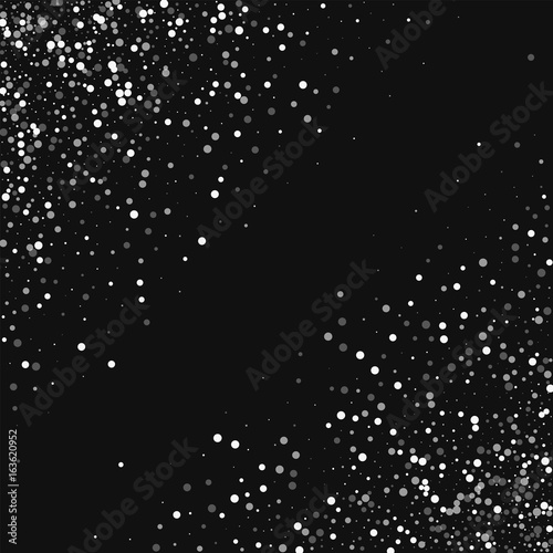 Random falling white dots. Abstract chaotic scatter with random falling white dots on black background. Vector illustration.
