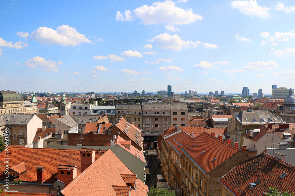 Skyline in Downtown Zagreb, Croatia on a sunny day. View from Strossmayer Promenade in Upper Town. 