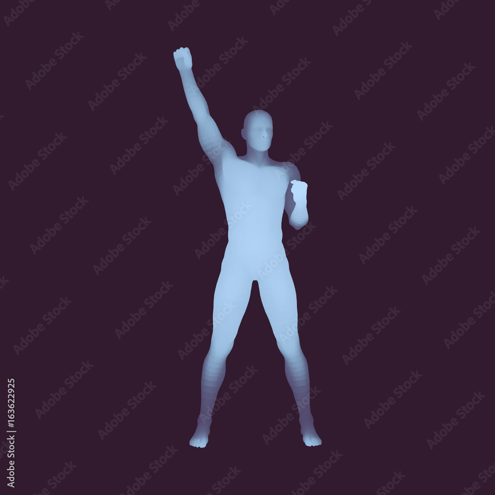 Leadership concept. Human with arm up. Silhouette for sport championship. 3D Model of Man. Vector Illustration. Leadership concept. Human with arm up. Silhouette for sport championship. 3D Model of Man. Vector Illustration.