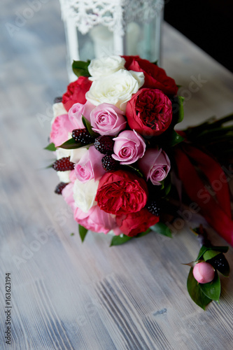 Wedding Bridal bouquet in red  pink  white. Wedding flowers  wedding items and accessories