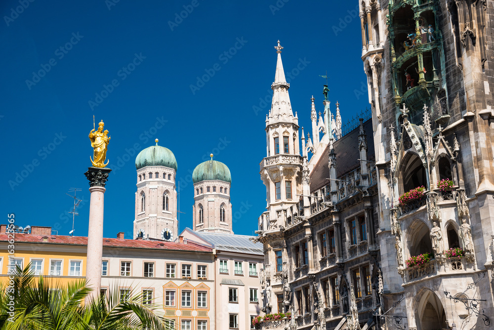 New Town Hall, Frauenkirche and golden statue of the Virgin Mary, Munich.