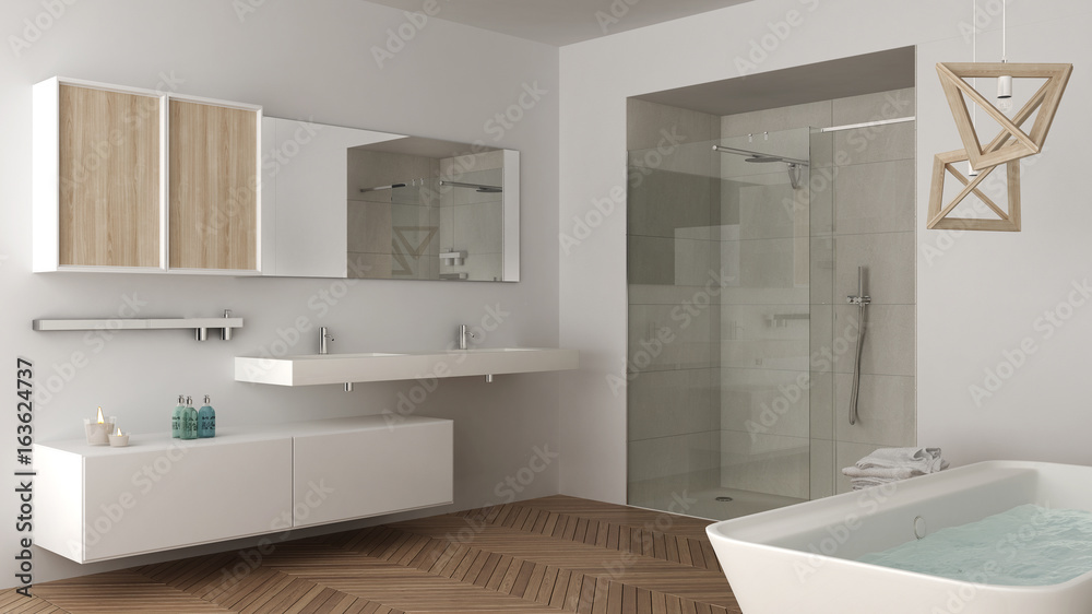 Minimalist bright bathroom with double sink, shower and bathtub, white interior design - obrazy, fototapety, plakaty 