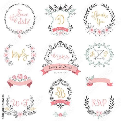 Floral wreaths, monograms and frames collection. 
