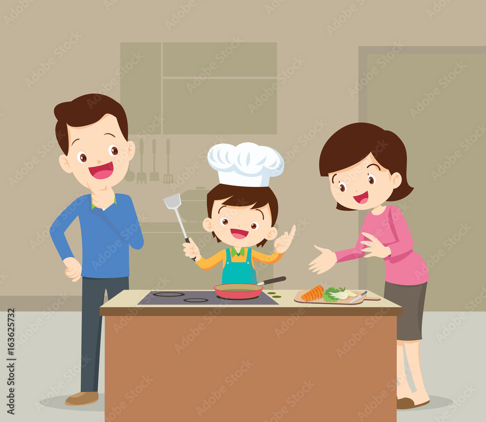 Family and son cooking
