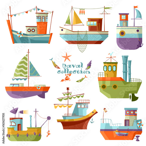 Naval collection. Set of 8 multi-colored ships.