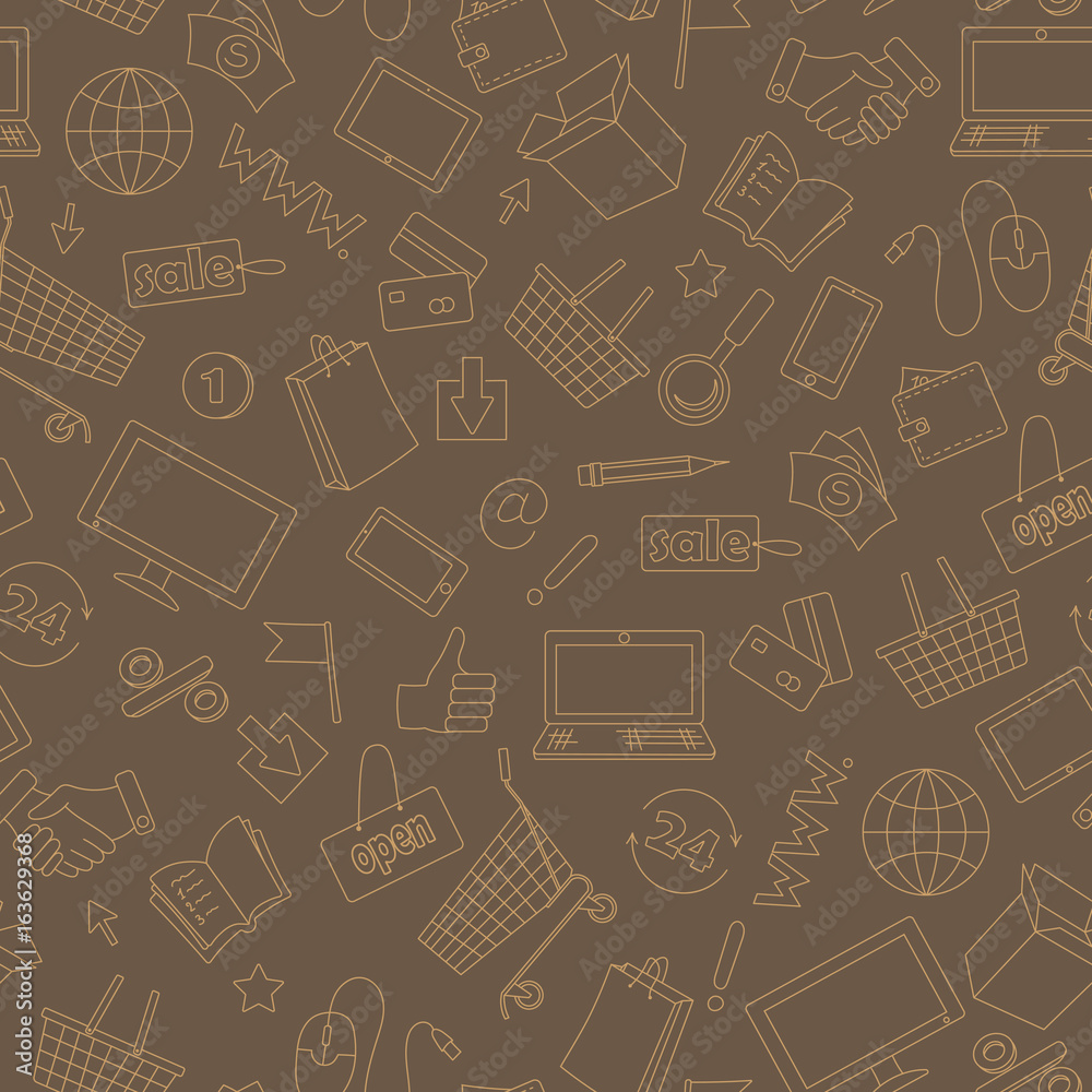 Seamless pattern on the theme of online shopping and Internet shops, beige contour icons on brown background