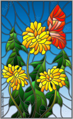 Fototapeta Naklejka Na Ścianę i Meble -  Illustration in stained glass style flower of Taraxacum and butterfly on a blue background