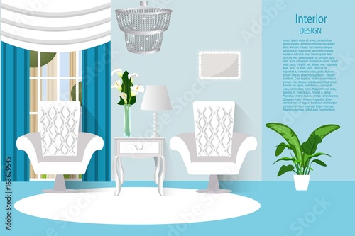 Interior room with views of the forest. Vector illustration. Room in pastel blue colours.